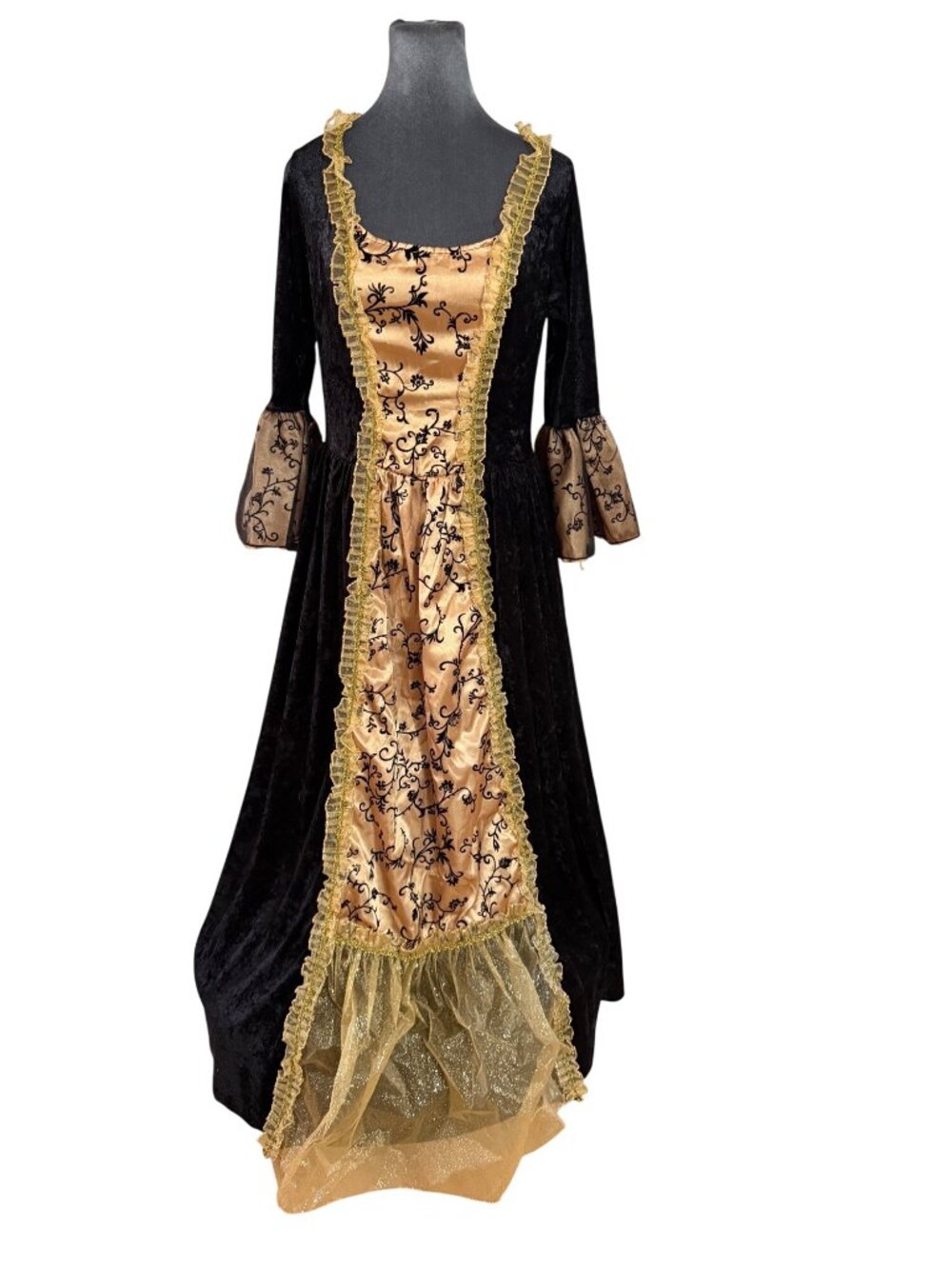 Victorian-Inspired Black & Gold Costume Dress With Velvet Details Small/Medium P - Picture 1 of 5